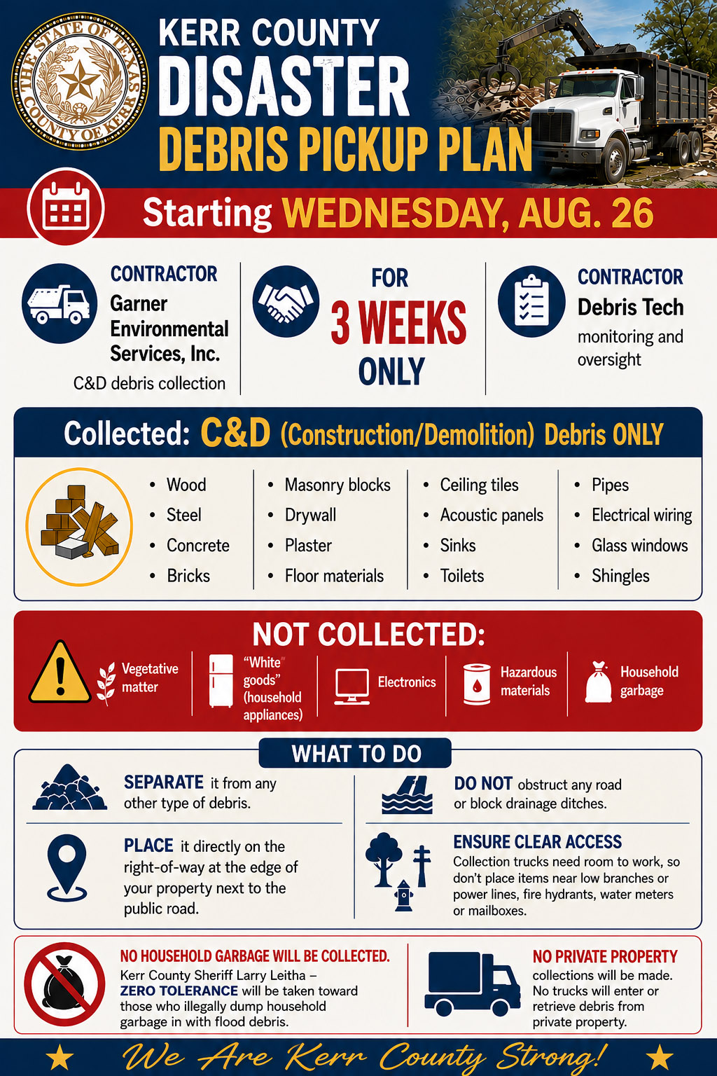 A Kerr County Disaster Debris Pickup Plan poster topped by the Kerr County, Texas, official seal details what C&D debris is, when and where it will be picked up, what debris won't be picked up, how long the collection event will last, what residents in the unincorporated areas of the county need to do to ensure their C&D debris is removed and more.