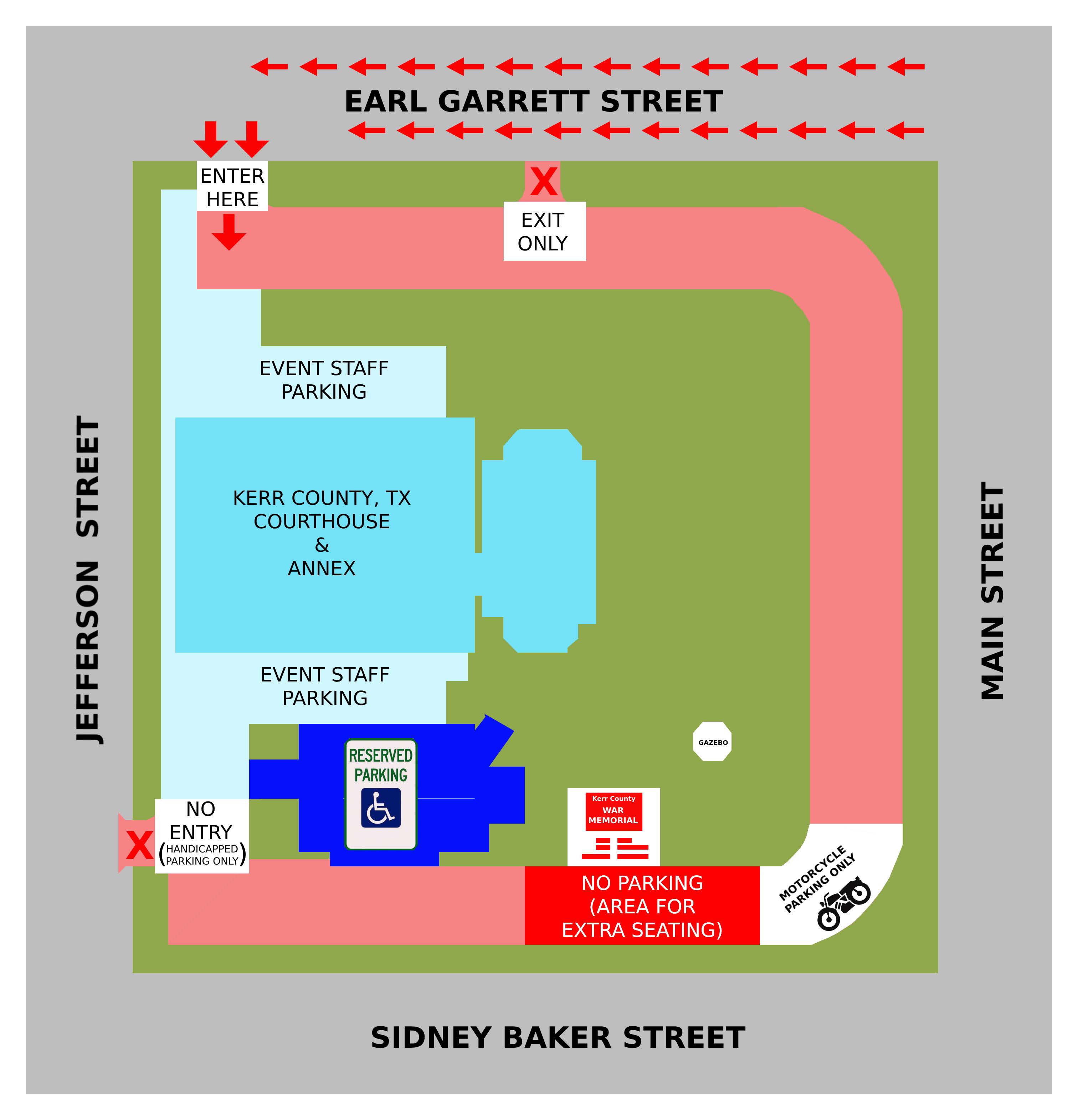 In a change from previous years, the Kerr County Memorial Day Program will feature a different parking plan. The public should enter the courthouse area from the second access point off Earl Garrett Street. The new plan also features a designated handicapped parking lot and a special parking area for motorcycles only. – Graphic by Lisa Walter/Kerr County Public Relations